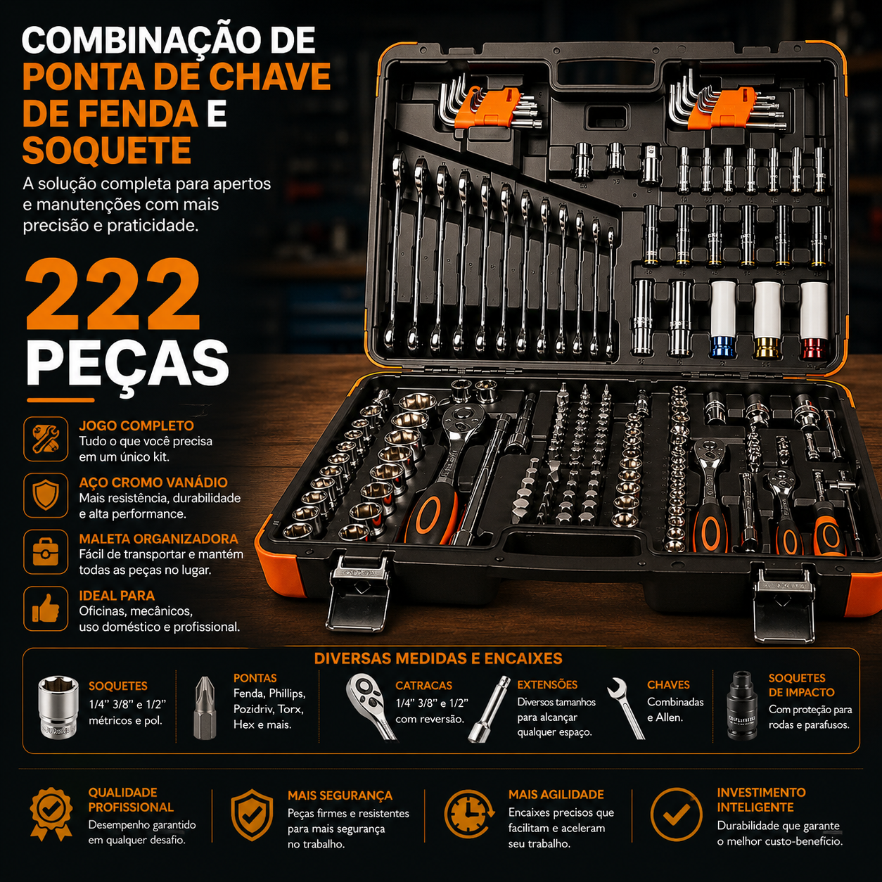 Jogo Oficina Master Maleta Com 222 Ferramentas 5000r Robust
